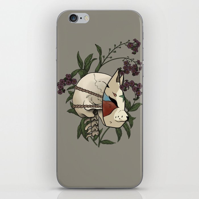 Illustration of a skull with a kitsune mask iPhone Skin