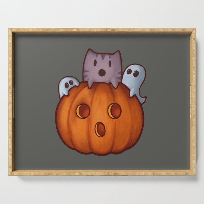 Cute cat, jack o'lantern and ghosts Halloween Serving Tray