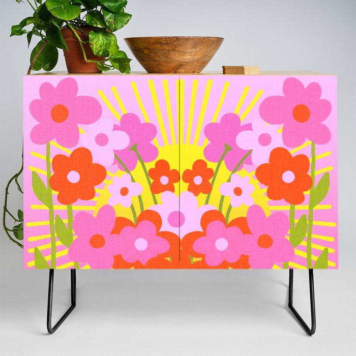 Sunny Pink Flowers Ombre Sunshine Illustrated Nature Garden Print Retro Modern Scandi Cheerful Credenza