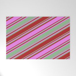 [ Thumbnail: Dark Sea Green, Red, and Violet Colored Stripes Pattern Welcome Mat ]