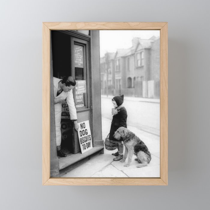Vintage 'No Dog Biscuits Today' Humorous Little Girl, Dog, and Italian Market black and white photography / photograph Framed Mini Art Print