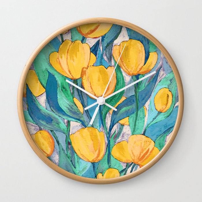 Blooming Golden Tulips in Gouache Wall Clock