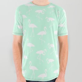 White flamingo silhouettes seamless pattern on mint green background All Over Graphic Tee