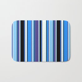 [ Thumbnail: Vibrant Light Sky Blue, Mint Cream, Dark Slate Blue, Blue & Black Colored Lines Pattern Bath Mat ]