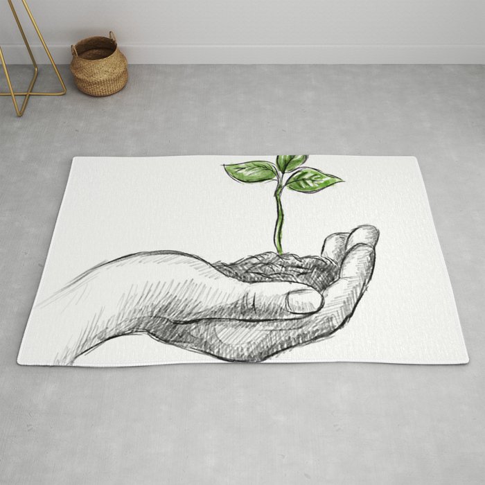 Realistic Sketch Hand With A Plant Background Rug By Igorg Society6