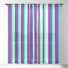 [ Thumbnail: Light Cyan, Indigo, Aqua, and Green Colored Lined/Striped Pattern Sheer Curtain ]