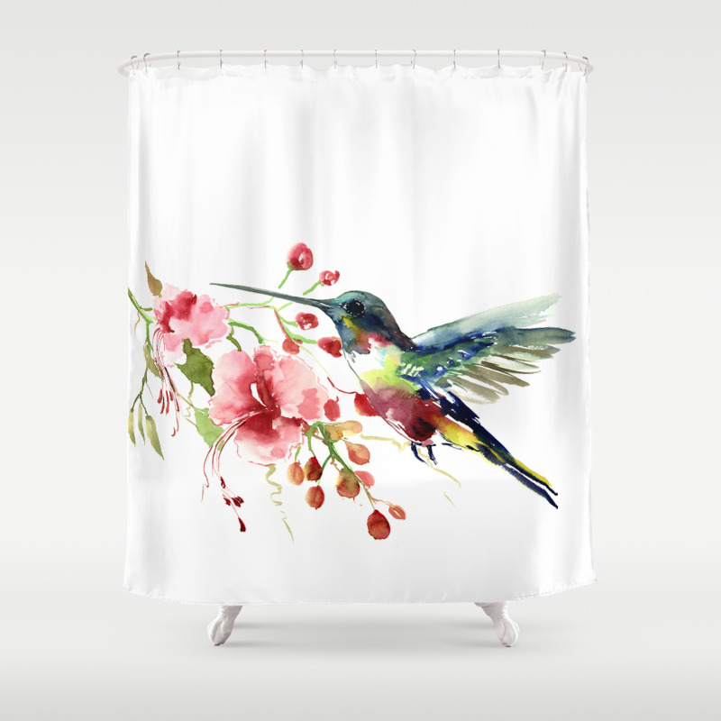 Watercolor hummingbird Shower Curtain set birds Bathroom curtain With hooks 71" 