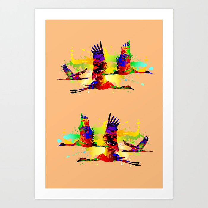 Colorful Flying Birds Abstract Pop Art Painting Cranes Graphic