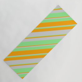 [ Thumbnail: Light Green, Orange & Light Grey Colored Lined/Striped Pattern Yoga Mat ]