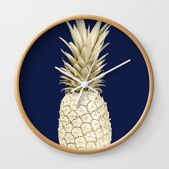 Pineapple Pineapple Gold on Navy Blue Wall Clock
