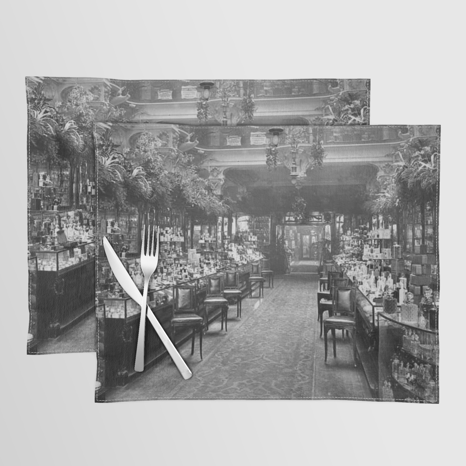 Harrods Store, London, England Perfume Counter Vintage black and white photograph / art photography Placemat by Astrid Arkhangelsky | Society6