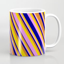 [ Thumbnail: Chocolate, Yellow, Violet, and Blue Colored Lined/Striped Pattern Coffee Mug ]