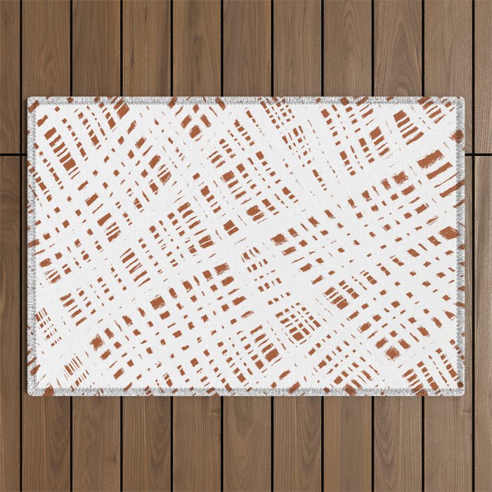 Rough Weave Abstract Burlap Painted Pattern in White and Clay Outdoor Rug