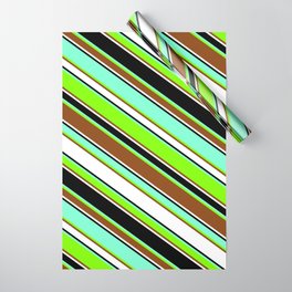 [ Thumbnail: Aquamarine, Chartreuse, Brown, White, and Black Colored Striped/Lined Pattern Wrapping Paper ]