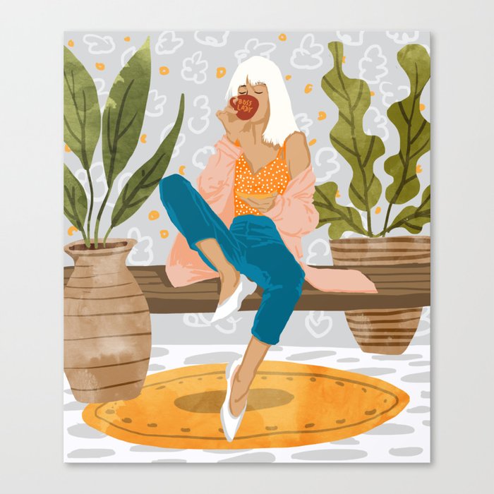 Boss Lady Illustration, Empower Woman Female Feminism, Plant Lady Tea Coffee Painting Canvas Print