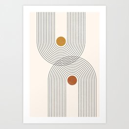 Geometric Arch Lines – Rainbow Lines, Mustard / Burnt Orange Circles, Abstract Geometric Lines Art Print