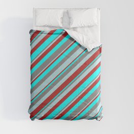 [ Thumbnail: Gray, Powder Blue, Red & Cyan Colored Stripes Pattern Comforter ]