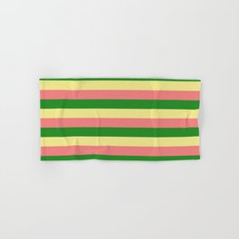 [ Thumbnail: Tan, Light Coral, and Forest Green Colored Lined Pattern Hand & Bath Towel ]