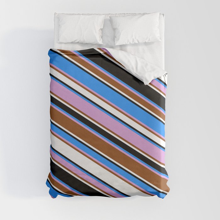 Blue, Plum, Brown, White & Black Colored Lined/Striped Pattern Duvet Cover