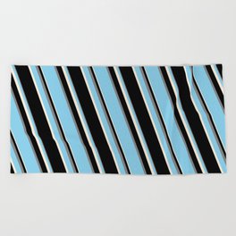 [ Thumbnail: Sky Blue, Beige, Black, and Grey Colored Stripes Pattern Beach Towel ]