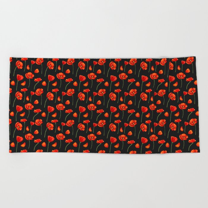 red poppy black pattern Beach Towel