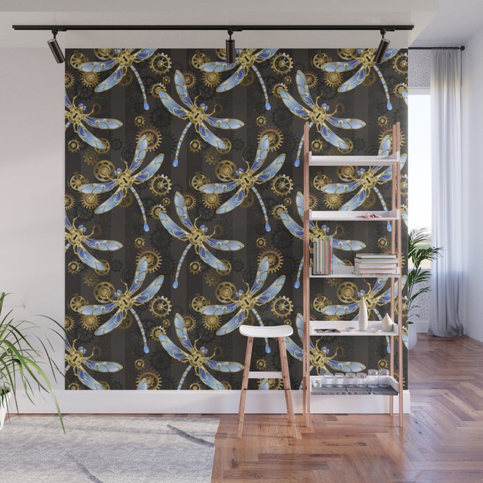Steampunk Seamless with Mechanical Dragonflies Wall Mural