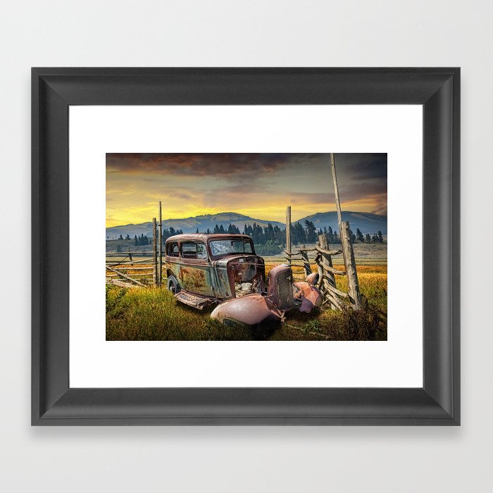 Abandoned Auto with Wood Fence in Western Landscape Framed Art Print