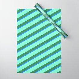 [ Thumbnail: Aquamarine, Sea Green & Blue Colored Stripes Pattern Wrapping Paper ]