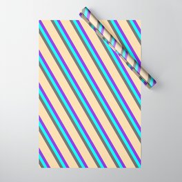 [ Thumbnail: Purple, Cyan, Dim Gray & Tan Colored Lined/Striped Pattern Wrapping Paper ]