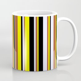 [ Thumbnail: Yellow, Sienna, Lavender, and Black Colored Lines/Stripes Pattern Coffee Mug ]