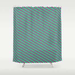 [ Thumbnail: Eyecatching Light Coral, Midnight Blue, Light Pink, Teal, and Green Colored Pattern of Stripes Shower Curtain ]