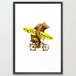 California bear with bicycle and surfboard for surfers Framed Art Print
