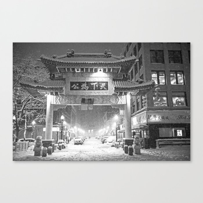 Chinatown Gate in a Blizzard Boston Massachusetts Black and White Canvas Print