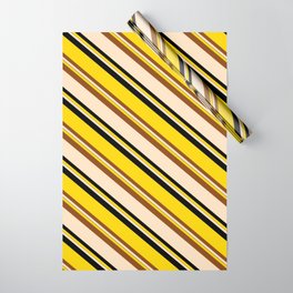 [ Thumbnail: Yellow, Brown, Bisque & Black Colored Pattern of Stripes Wrapping Paper ]