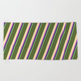 [ Thumbnail: Dark Olive Green, Tan, Dark Orchid, Dark Green, and White Colored Striped/Lined Pattern Beach Towel ]