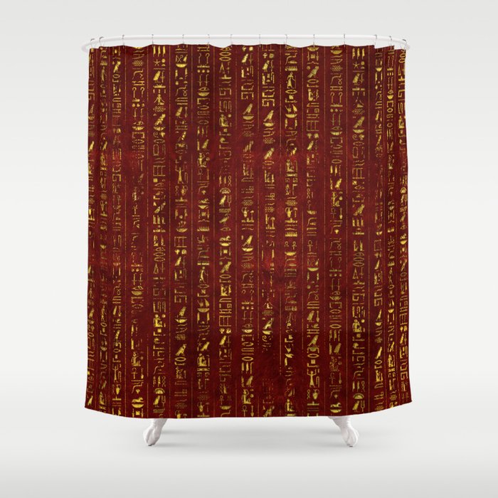 Golden Egyptian  hieroglyphics on red leather Shower Curtain