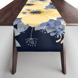 Floral Watercolor Print, Yellow and Navy Blue Table Runner