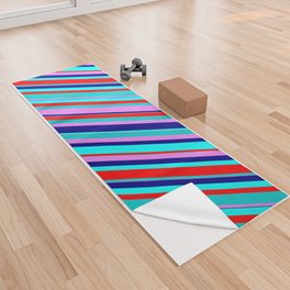 [ Thumbnail: Colorful Aqua, Red, Dark Turquoise, Violet, and Blue Colored Lined Pattern Yoga Towel ]