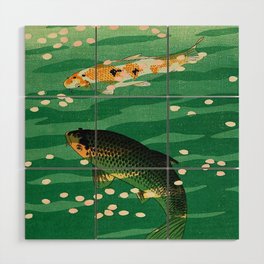 Vintage Japanese Woodblock Print Asian Art Koi Pond Fish Turquoise Green Water Cherry Blossom Wood Wall Art