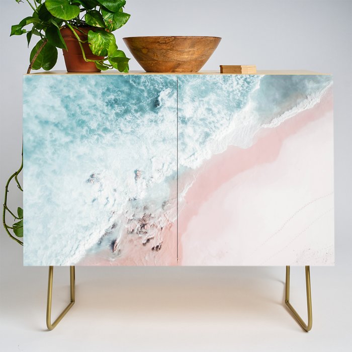 Aerial Ocean Print - Aerial Beach - Pastel Pink Sand - Sea -Travel photography by Ingrid Beddoes Credenza