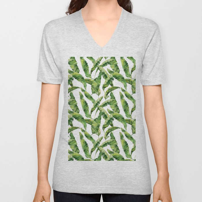 Tropical Summer Banana Leaf Botanical Pattern V Neck T Shirt