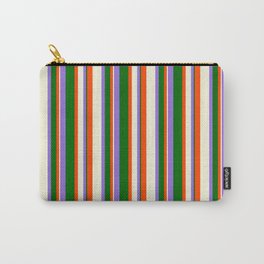 [ Thumbnail: Purple, Dark Green, Red & Beige Colored Pattern of Stripes Carry-All Pouch ]
