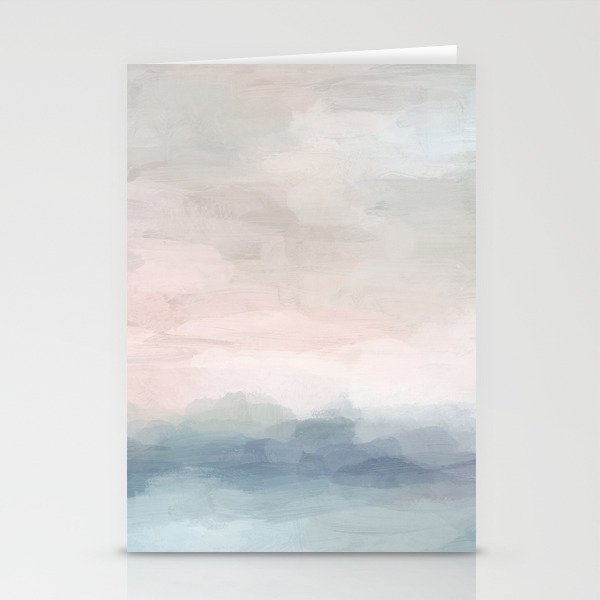 Atlantic Ocean Sunrise II - Blush Pink Mint Sky Baby Blue Abstract Sky, Water Clouds Painting Stationery Cards