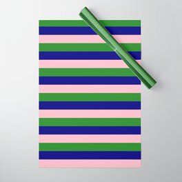 [ Thumbnail: Pink, Forest Green, and Blue Colored Striped/Lined Pattern Wrapping Paper ]