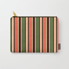 [ Thumbnail: Dark Olive Green, Tan, Red, and Black Colored Striped Pattern Carry-All Pouch ]