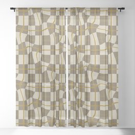 Warped Checkerboard Grid Illustration Ochre Yellow Gold Sheer Curtain