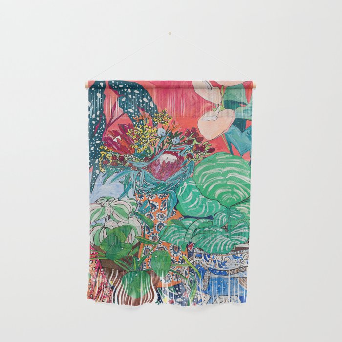 Jungle of Houseplants and Flowers on Bright Coral Pink with Wild Cats Wall Hanging