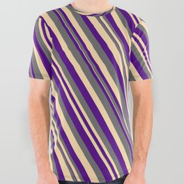 [ Thumbnail: Indigo, Dim Grey, and Tan Colored Lined Pattern All Over Graphic Tee ]