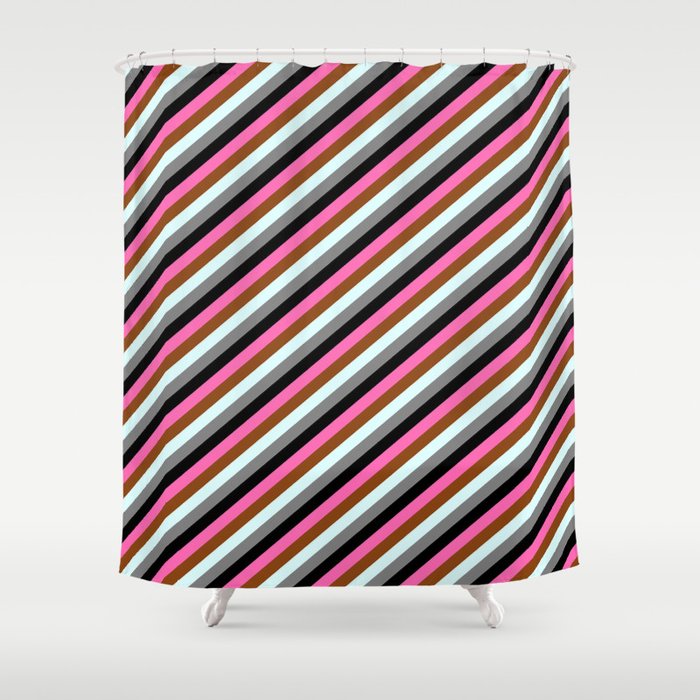 Eye-catching Hot Pink, Brown, Light Cyan, Gray & Black Colored Stripes Pattern Shower Curtain
