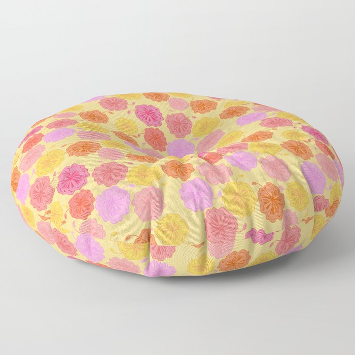 Hibiscus Hawaiian Flowers in Pinks and Corals on Yellow Floor Pillow